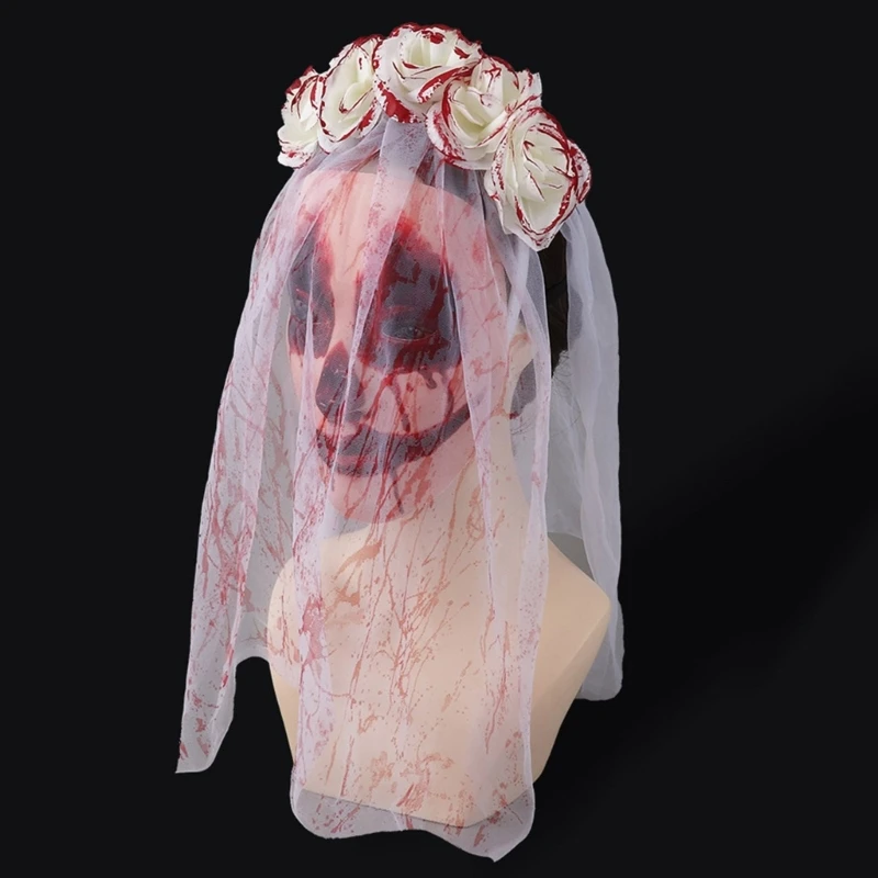 652F Gothic Bride Veil For Women Halloween Costume Accessory Veil Facemask Bloody Flower Hairhoop Veil for Theme Party