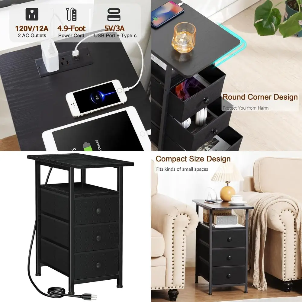 

Black Charging Station End Table for Living Room, USB & Outlet Nightstand with 3 Drawers for Small Spaces