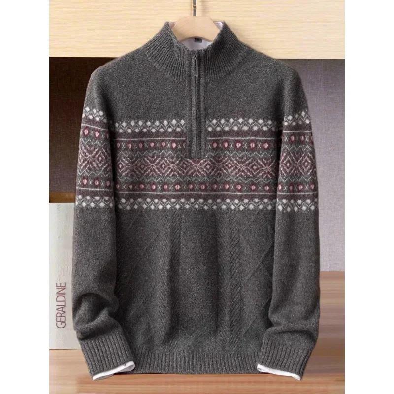 New Arrival 100% Cashmere Men's Casual Half Height Zipper High-end Jacquard Knitted Sweater Large Size S M L XL 2XL 3XL 4XL 5XL