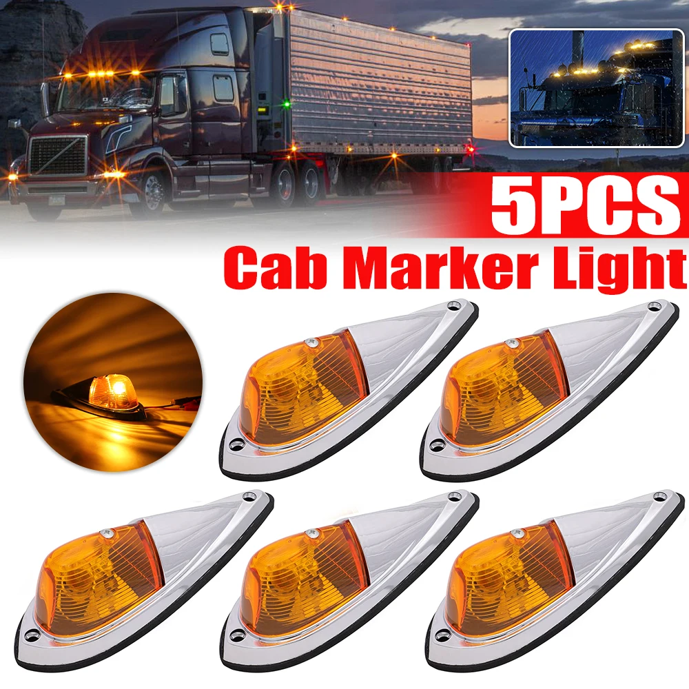 5PCS DC 12V Amber Teardrop Cab Light Cab Marker Front Rear Top Clearance Roof Running Light Wiring Pack for Truck Van semis RV