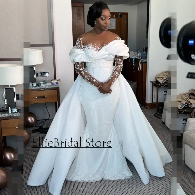 African Wedding Dresses For Brides Sheer Long Sleeves Applique Sequin Mermaid Bridal Gowns With Detachable Train Customized