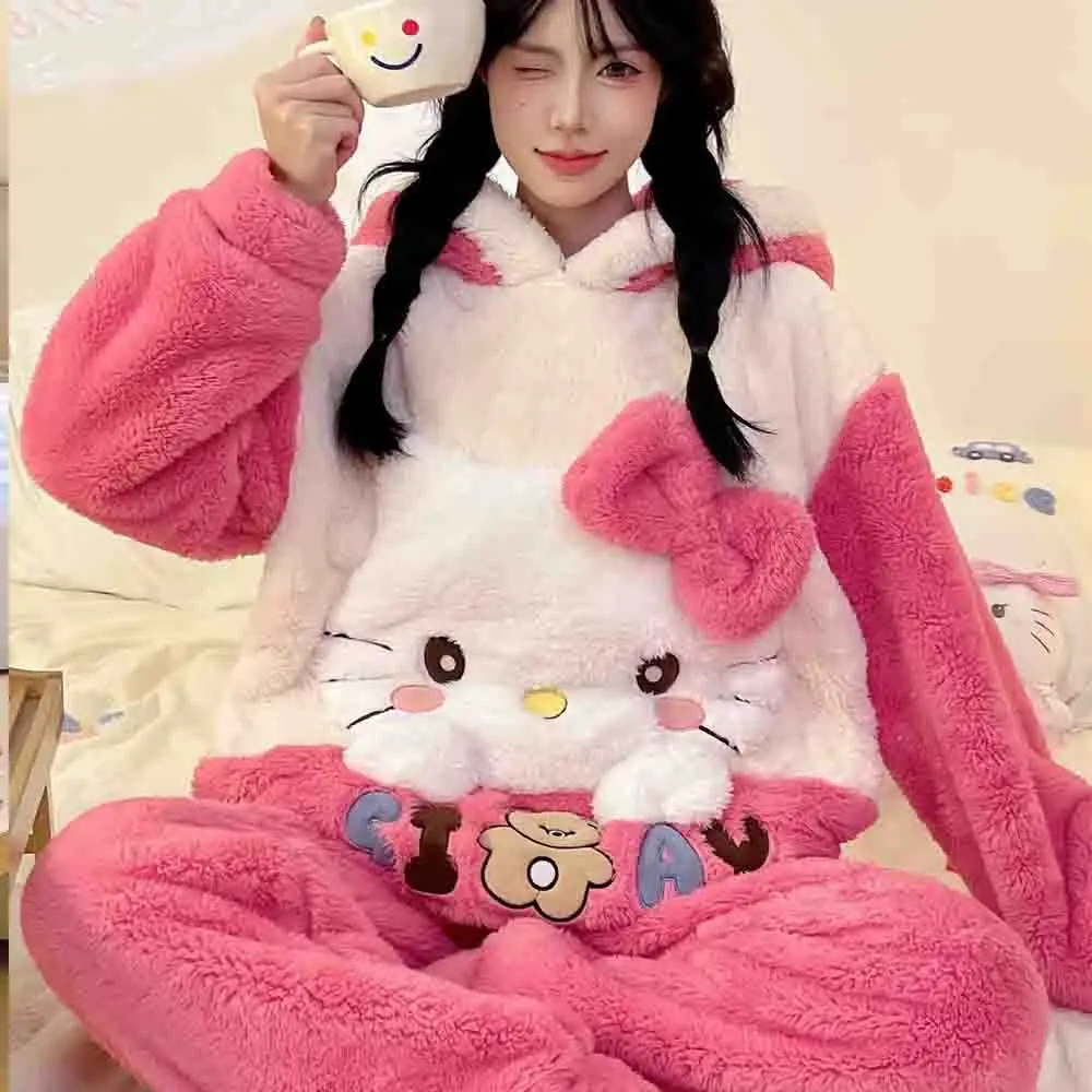 Hello Kitties Kuromi Women's Cartoon Long Sleeve Warm Coral Velvet Pajama Girl Cute and Comfortable Warm Home Clothing Set Gift - view 3