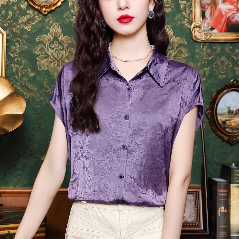 2025 Summer New Women's Shirt Blue Satin Jacquard Flying Sleeve Blouse Luxury Women's Clothing OL Single Breasted Women's Shirts
