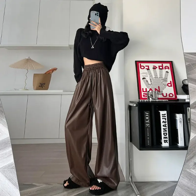

Wide-leg Retro Leather Pants for Women, New High-waist, Slim-fit, Windproof Pants for Autumn and Winter 2025.