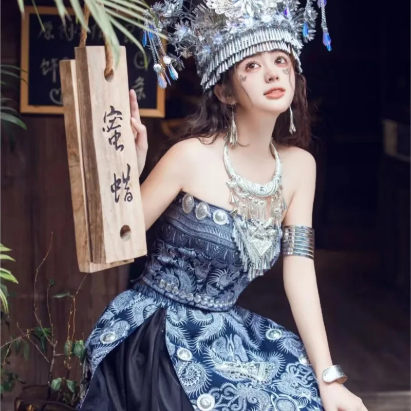 Nowa damska sukienka bez ramiączek w stylu batik, długa sukienka, kostium w stylu etnicznym, nakrycie głowy i kołnierz do fotografii podróżniczej