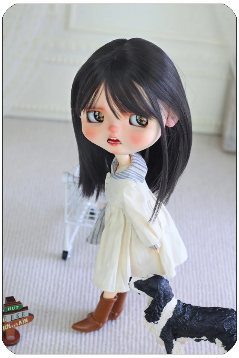 Blythe size medium long hair inside buckle Pear flower wig high temperature silk ultra-thin bangs doll accessories