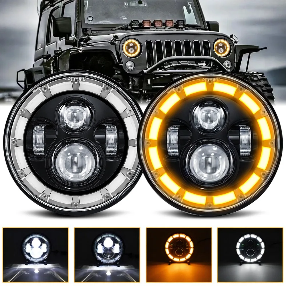

7 Inch Round LED Headlight H4 Angel Eyes 6000K/3500K with High Low Beam DRL Turn Signal Light for Halley Jeep Car Motorcycle