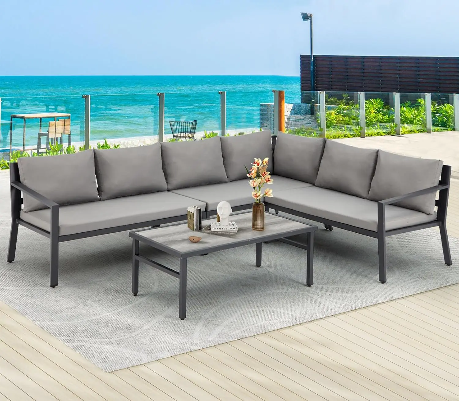 Patio Furniture Set, Modern Outdoor Sectional Set, Patio Conversation Table and Chair Sets for Backyard with Cushions