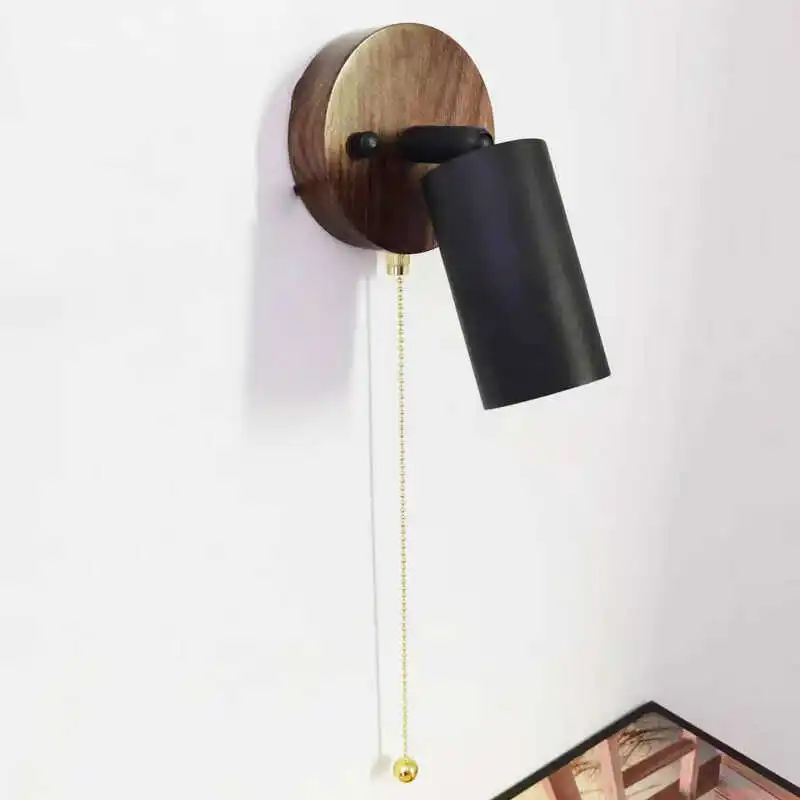 Japanese wooden wall lamp bedroom bed cable switch LED wall light decorative reading light can rotate the wall light