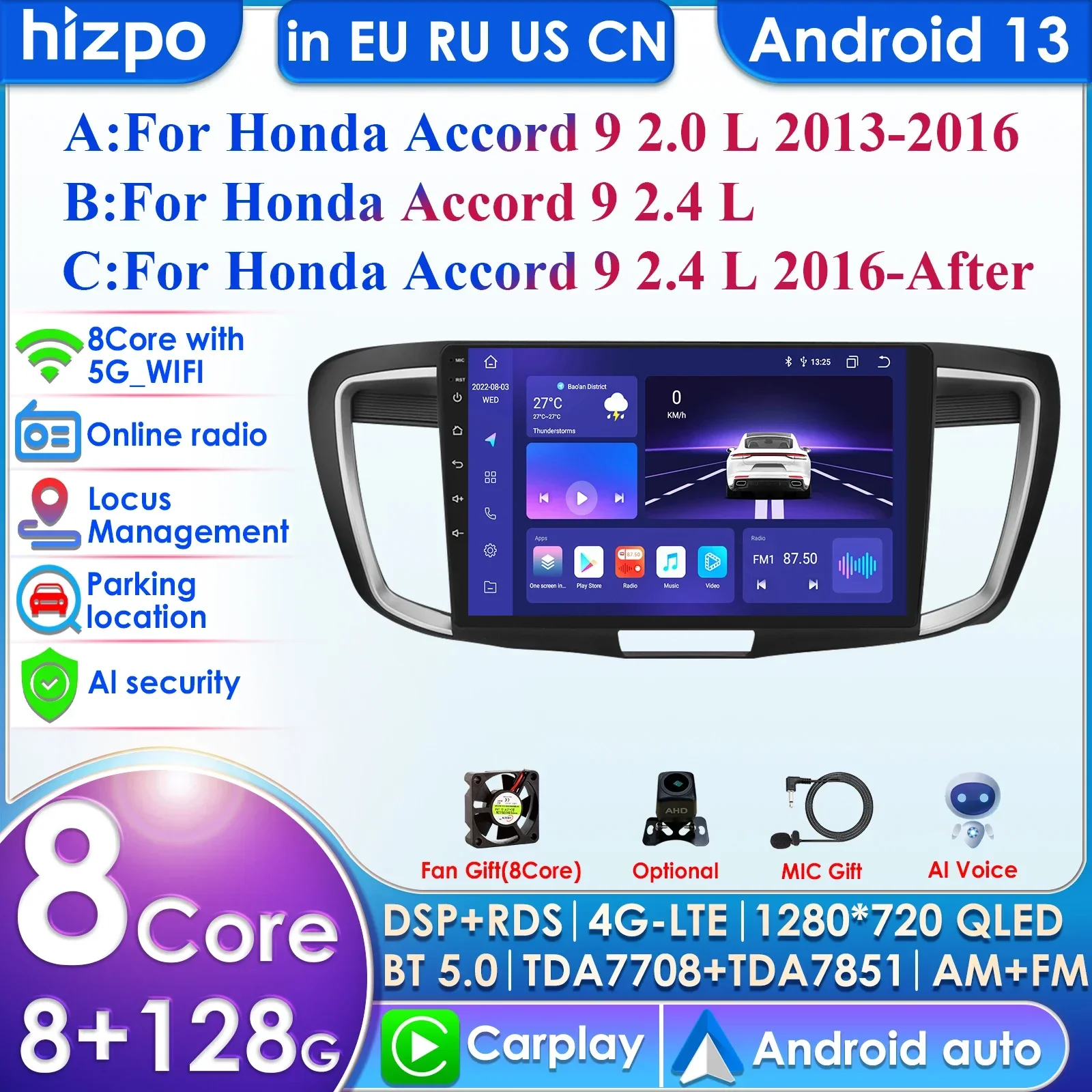 Carplay 4G 2 Din Android 13 Car Radio for Honda ACCORD 9 2.0L 2.4L 2012 Multimedia Video Intelligent Player Nav GPS DSP WIFI AMP