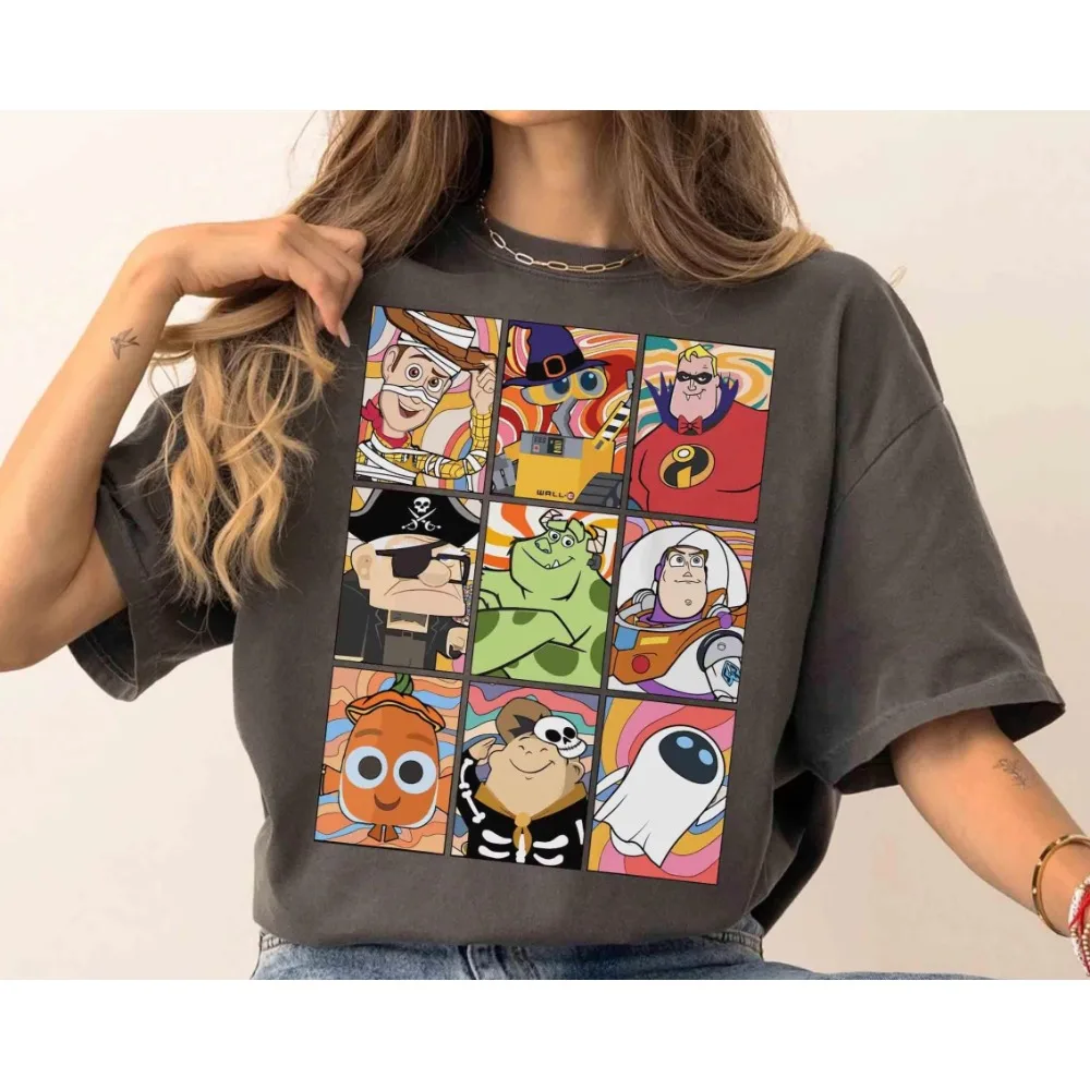 خمر شخصيات ديزني بيكسار هالوين صور المرأة الرجال القطن تي شيرت لعبة قصة الهيكل العظمي سيارات المومياء الوحش Inc المحملة