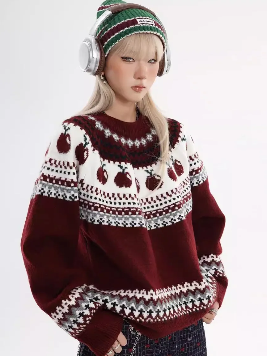 

Мужской свободный вязаный свитер с узором Fair Isle, осенне-зимний, в американском ретро-стиле, для пар, с цветочным узором, с капюшоном, вязаный пуловер