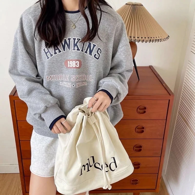 Coreano bordado letras Drawstring mochila, Casual grande capacidade schoolbag, estudante lazer viagem bolsa