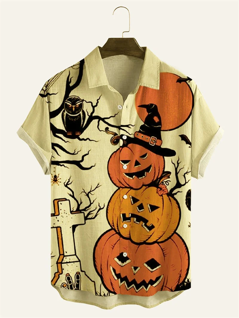 

Mens Fashion Halloween Shirts Fun Cute Style Menswear Party Festival Men Tops Pumpkin Head Print Boys Short Sleeve Shirt