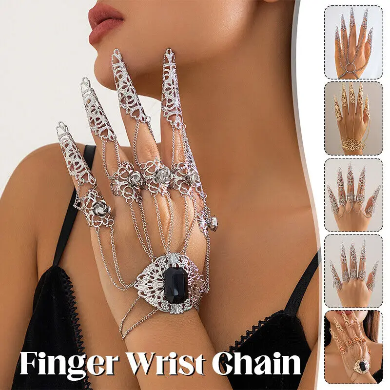 Creative Indian Finger Wrist Chain Bracelets Punk Gothic Nail Rings Hand Jewelry Women Halloween Cosplay Party Jewelry Accessori