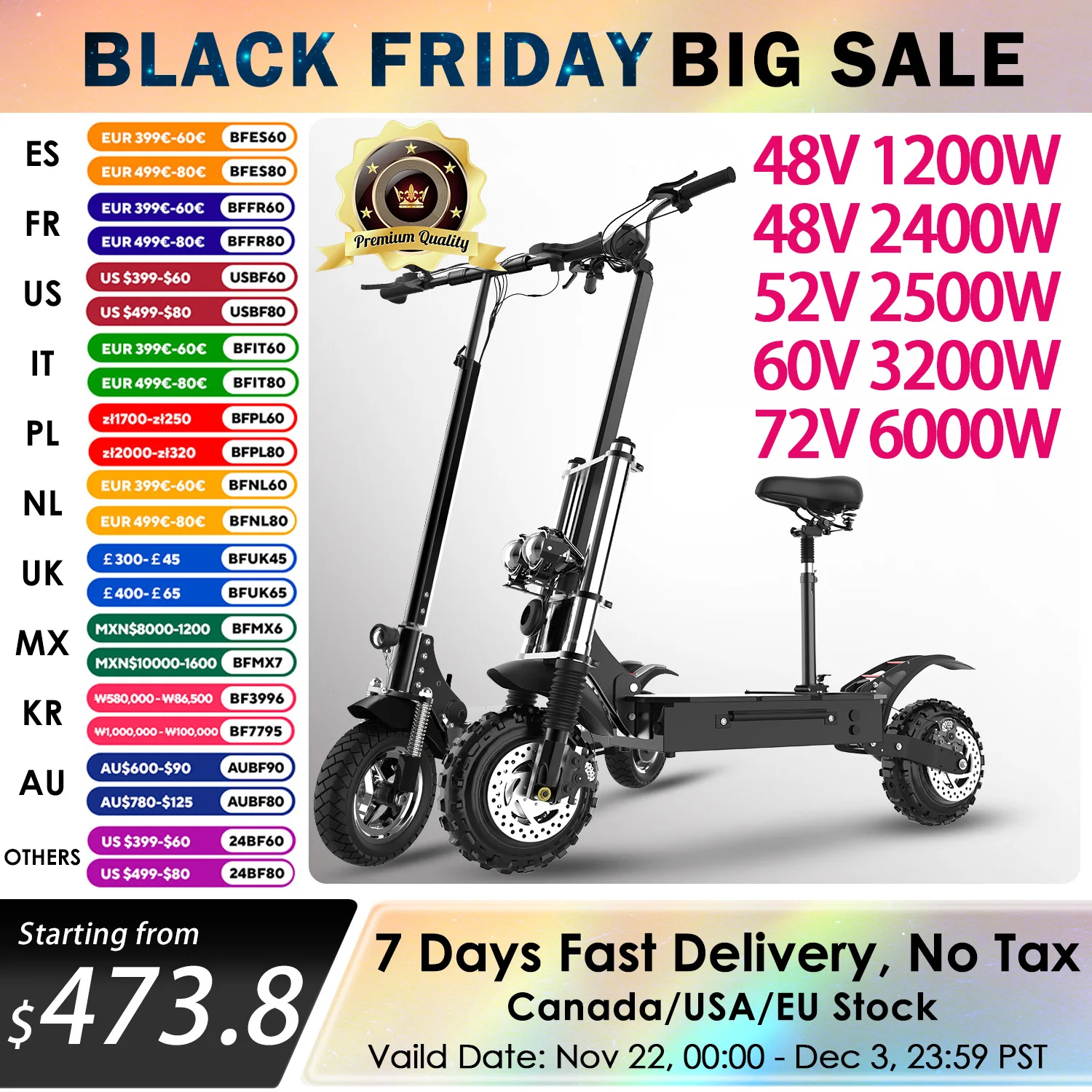 48V-72V 1200W-6000W Electric Scooter 50-80km/h Fast E Scooter Off Road Electric Kick Scooter Foldable Adult Patinete Electrico