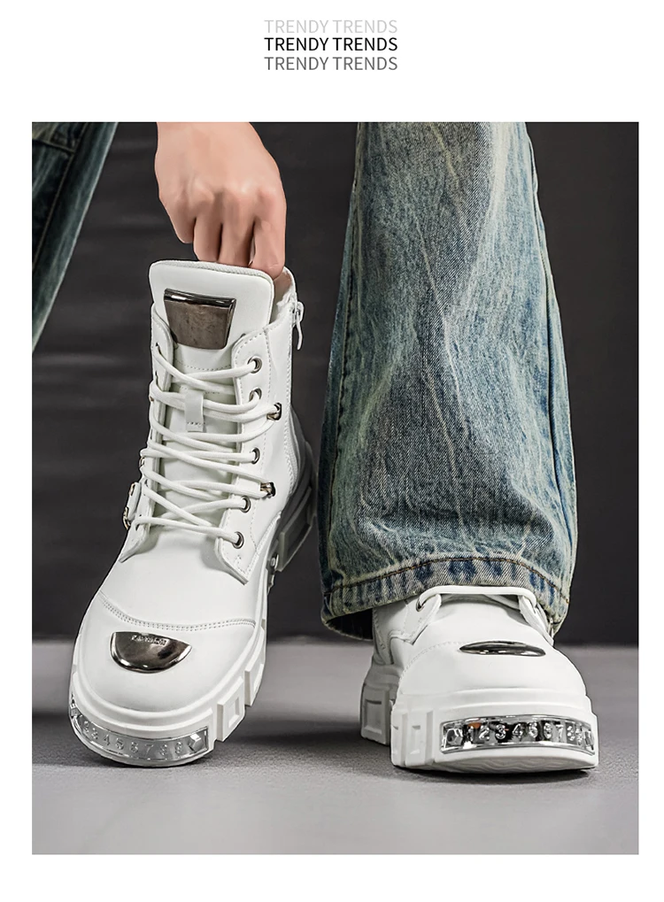 Herren-Streetwear-Stiefel in Uni-Farbe, High-Top, mit Metallschnalle, im Punk-Stil, Motorradstiefel – Detail 10