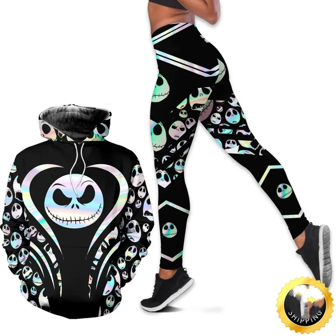 Disney Jack Skellington Combo Hoodie and Leggings Suit Women\'s Sally Hoodie Yoga Pants Sweatpants Fashion Tracksuit Set