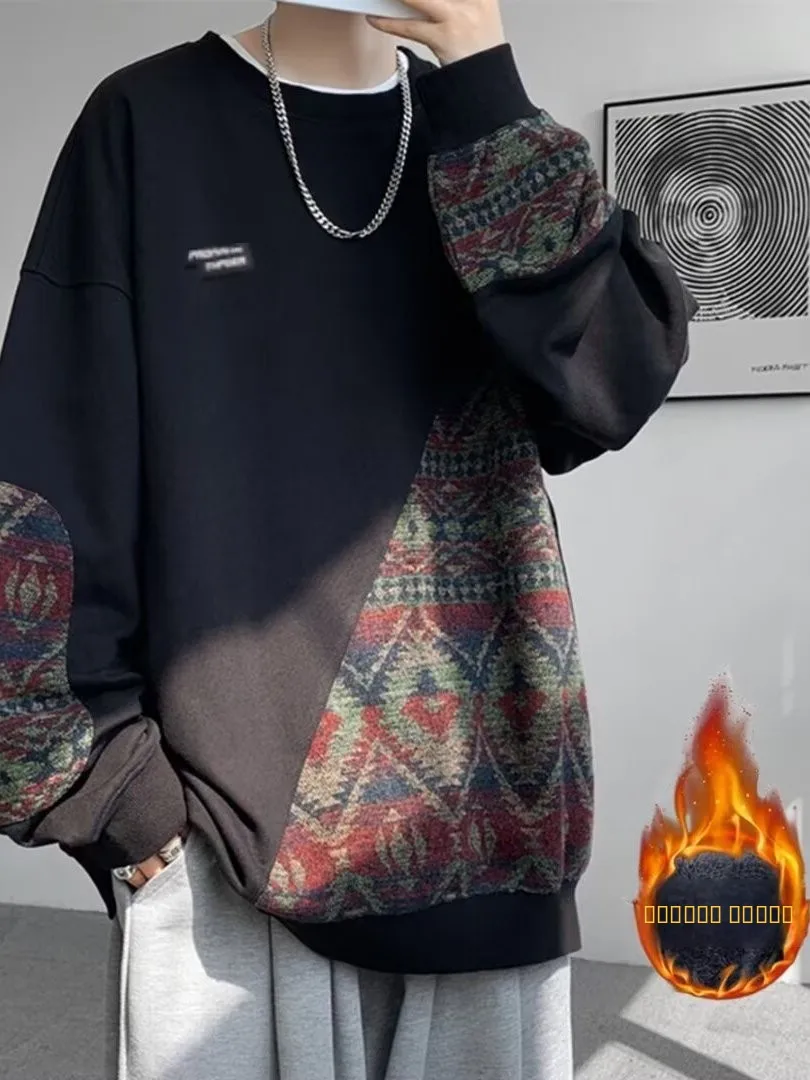 

Мужская толстовка оверсайз с круглым вырезом, утепленная флисом, свободного кроя, удобная повседневная толстовка для ежедневной носки, одежда больших размеров