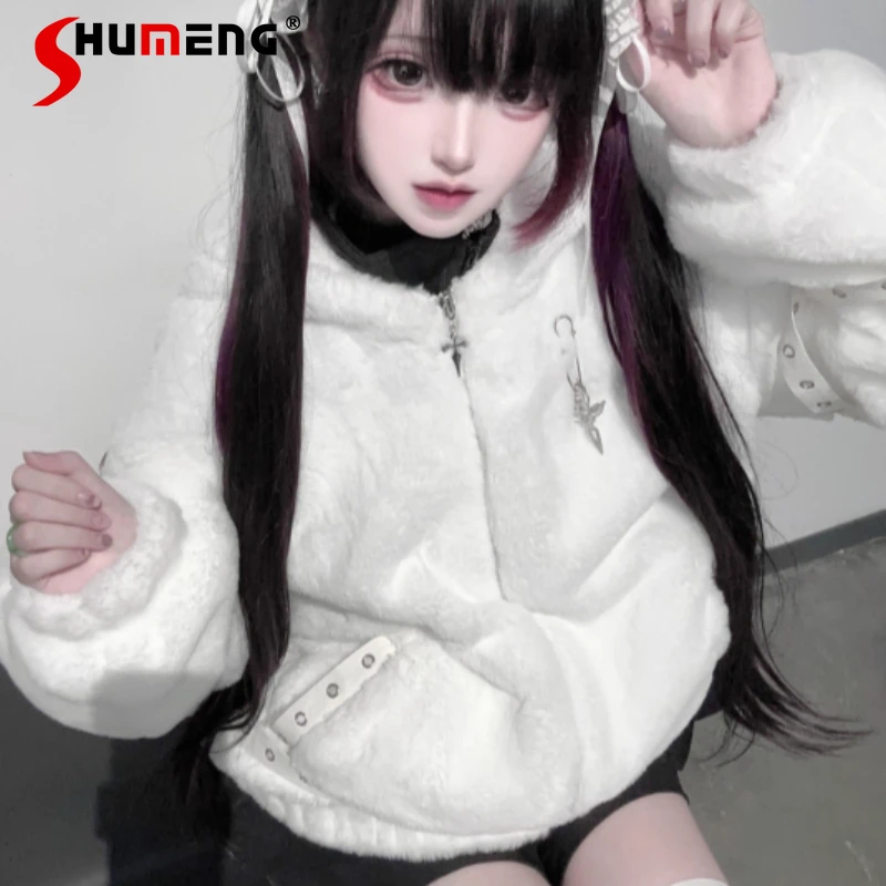 

Японские плюшевые пальто Rojita Mass-Produced SC на флисовой подкладке с мультяшными кошачьими ушками Y2k, милые крутые толстовки на молнии с длинными рукавами, куртка