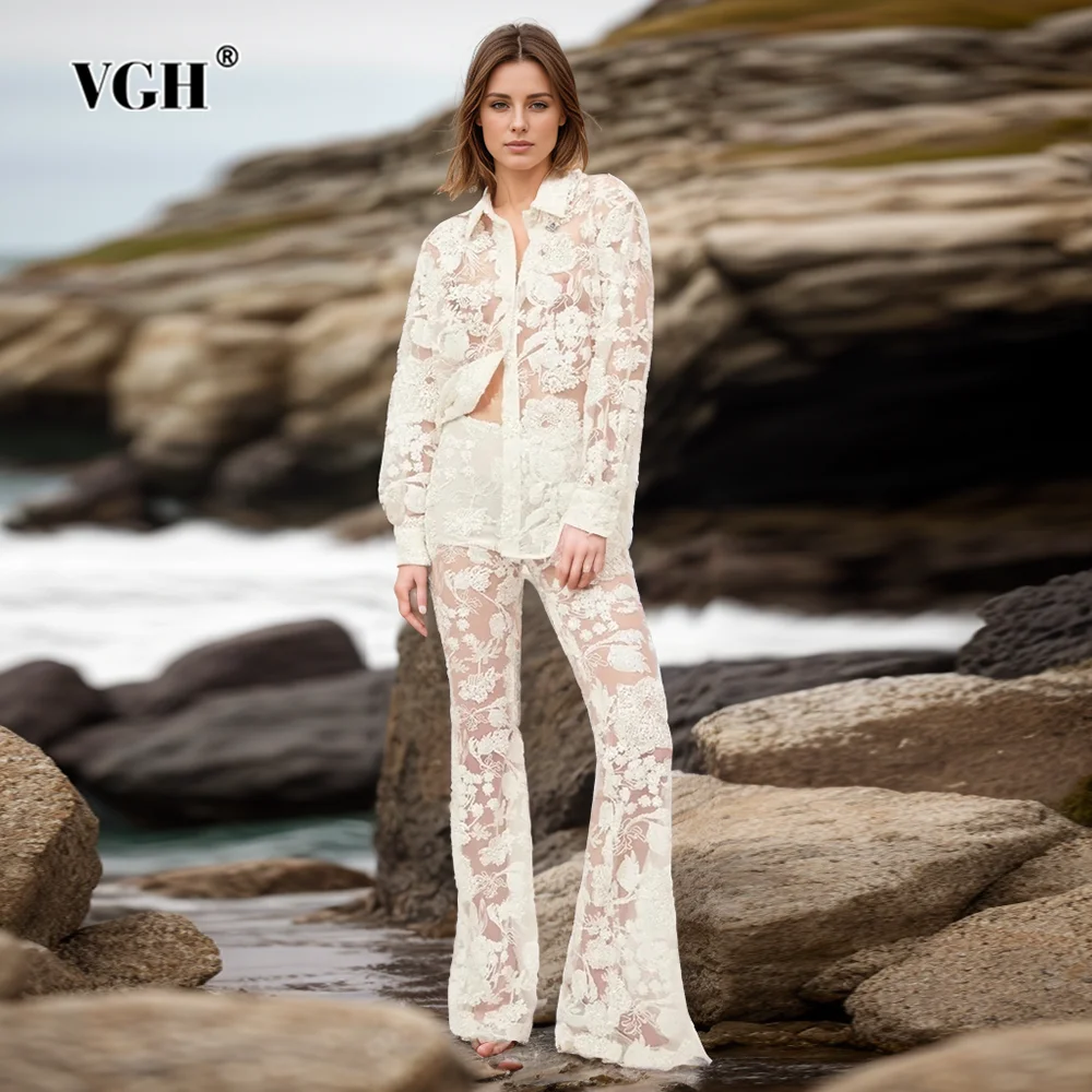 

VGH Hollow Out Two Piece Set For Women Lapel Long Sleeve Patchwork Button Shirts High Waist Flare Pants Embroidery Sets Female