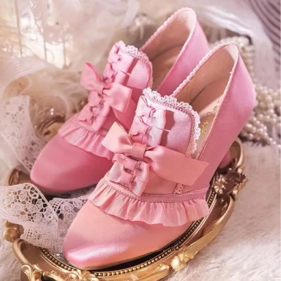 

Japanese Lolita Satin High Heels Women's Lace Bow Ruffle Trim Pumps Sweet Jk Style Party Shoes Pink/white/blue