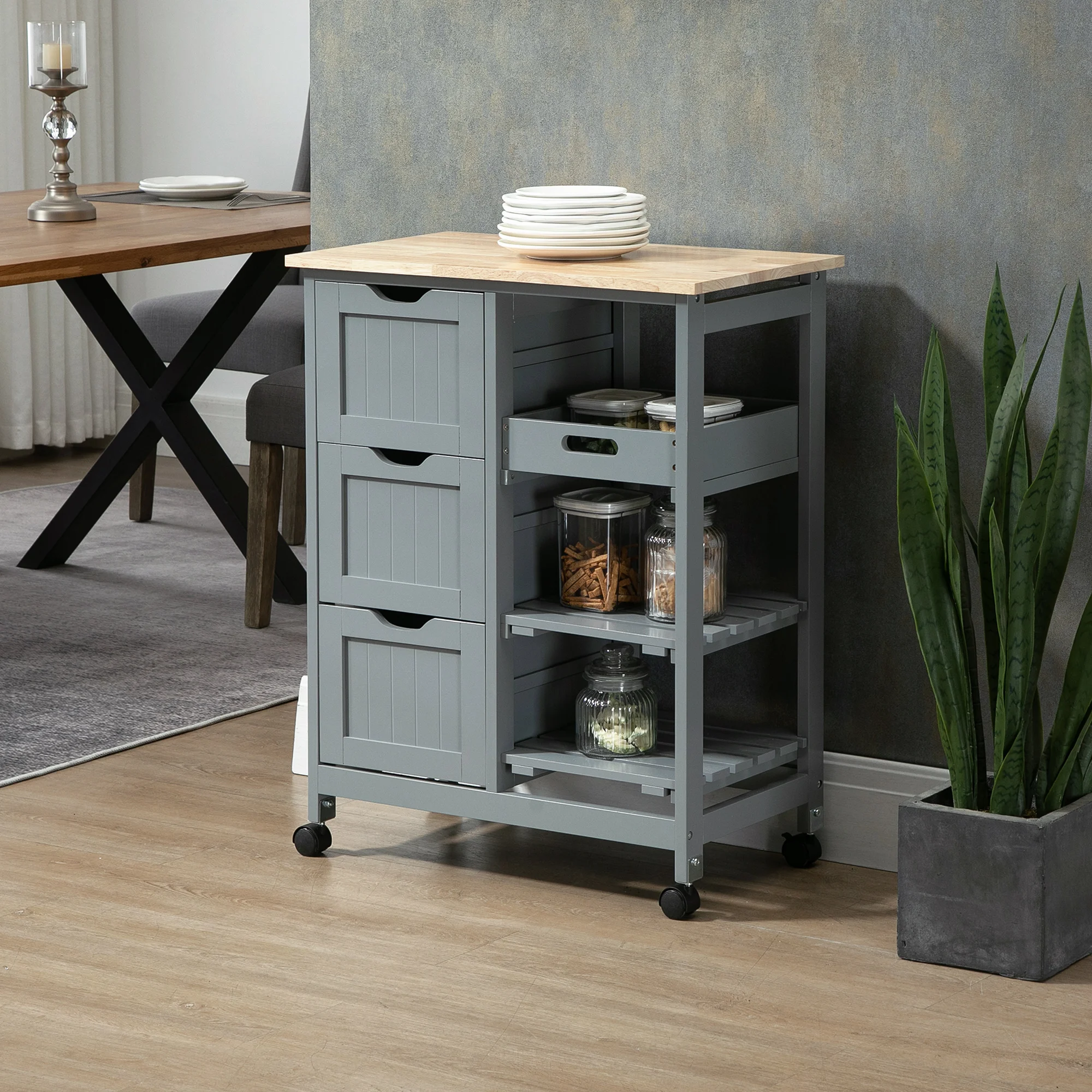 Compact Wooden Rolling Serving Kitchen Dining Cart w/ Shelves & Drawers, Grey