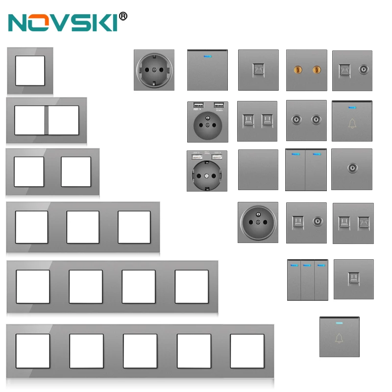 Novski wall mounted module DIY European standard gray crystal glass panel socket switch button function module combination