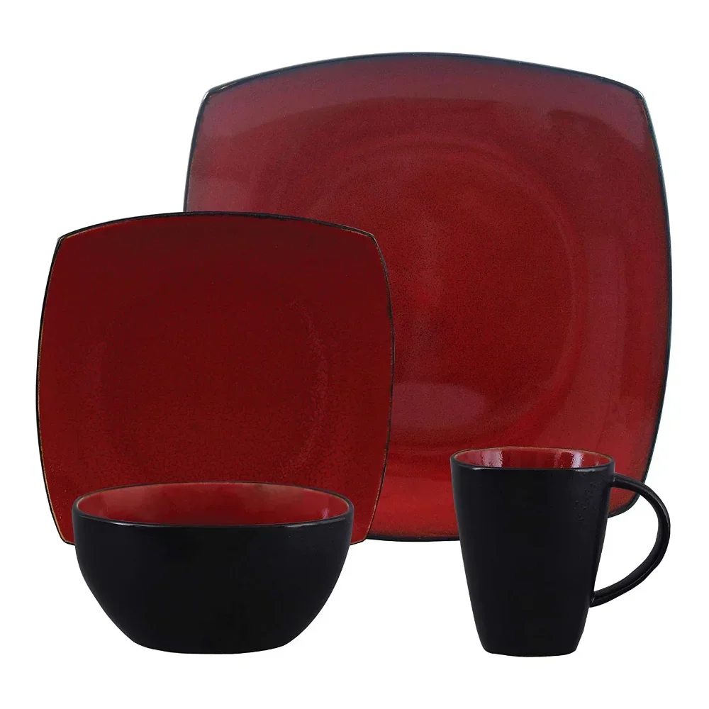 Soho Lounge Square 16-Piece Dinnerware Set - Red Dinner Set  Dish Set  Dinner Set  Plate Sets