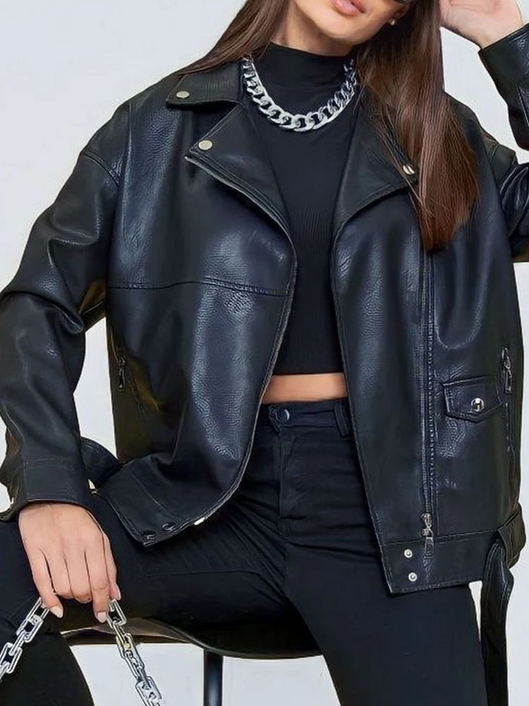 Ailegogo Spring Autumn Women Moto Biker Black Loose Pu Faux Leather Jacket Streetwear Female Zipper Belt Coat Outwear