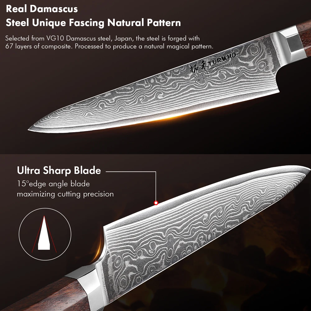 TURWHO 5-inch Kitchen Utility Knife Damascus Steel Chef Knives Meat Peeling Fruit Knife Japanese Octagonal Handle Cooking Tools
