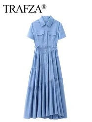 TRAFZA Women Pleated Lapel Shirt Dress With Pocket Single Breasted Short Sleeve Belt Long Dresses Female Streetwear Blue Dress