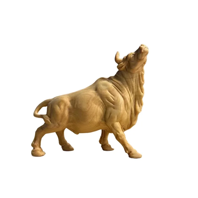 Hill‑Cypress Wood Carved Ox Statue, Upright & Lying Cattle Figurine, Solid‑Wood Desktop Tabletop Home Decor Wooden Craft