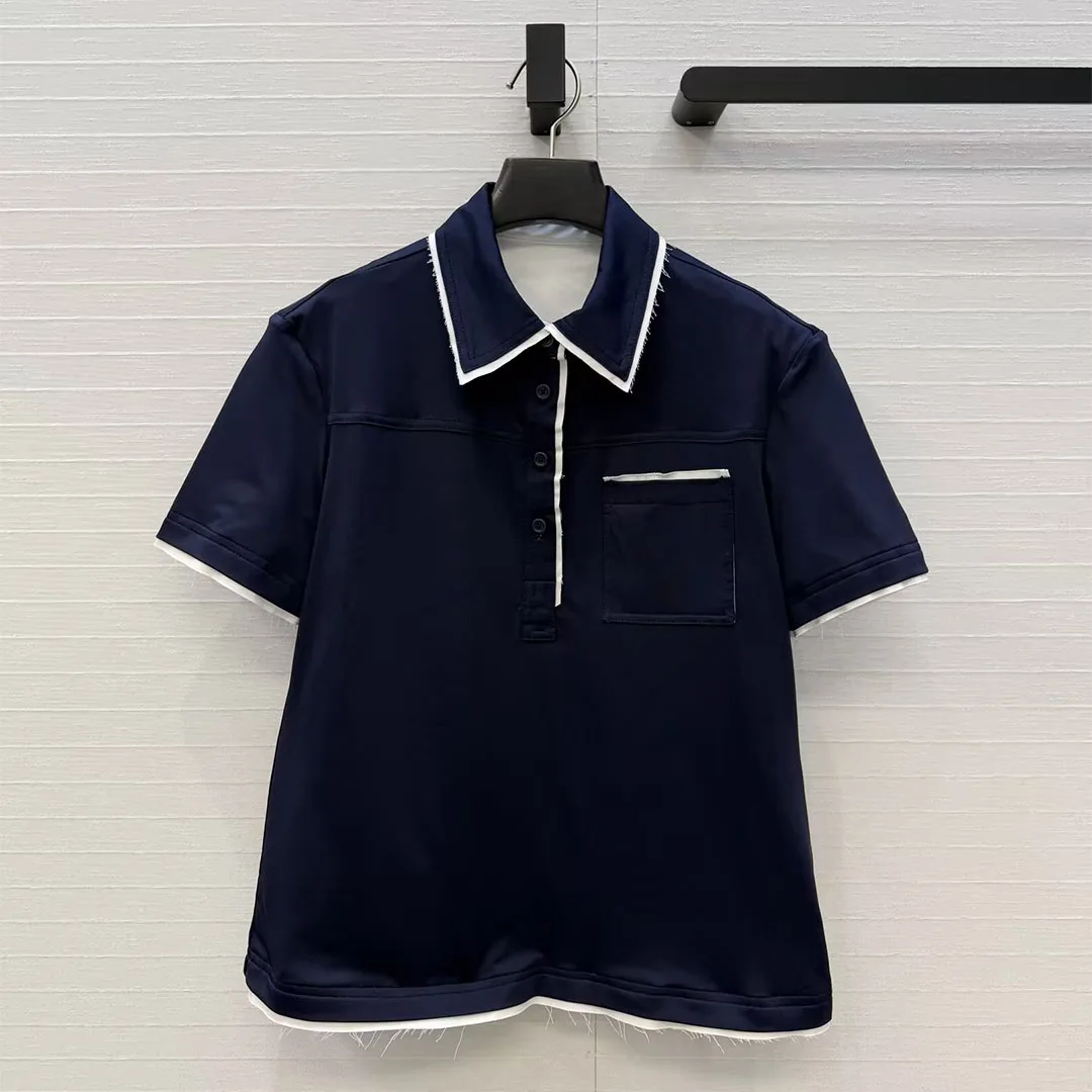 

2026 New Summer Preppy Style Sweet Cotton Tops Women Splicing Edge Design Lapel Short Sleeve Buttons Casual Loose T-shirt