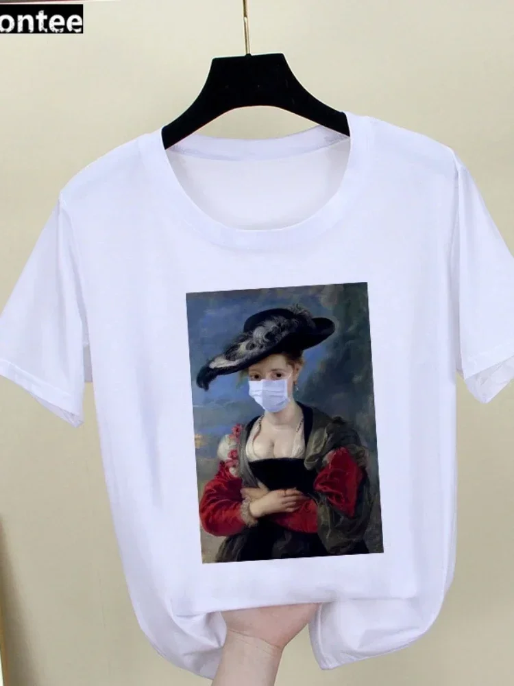 COTTON 100% Parody Mona Lisa Oil Painting Retro Cartoon Female Round Neck Loose White T-shirt Women Clothing Harajuku Tops Tee - Image 6