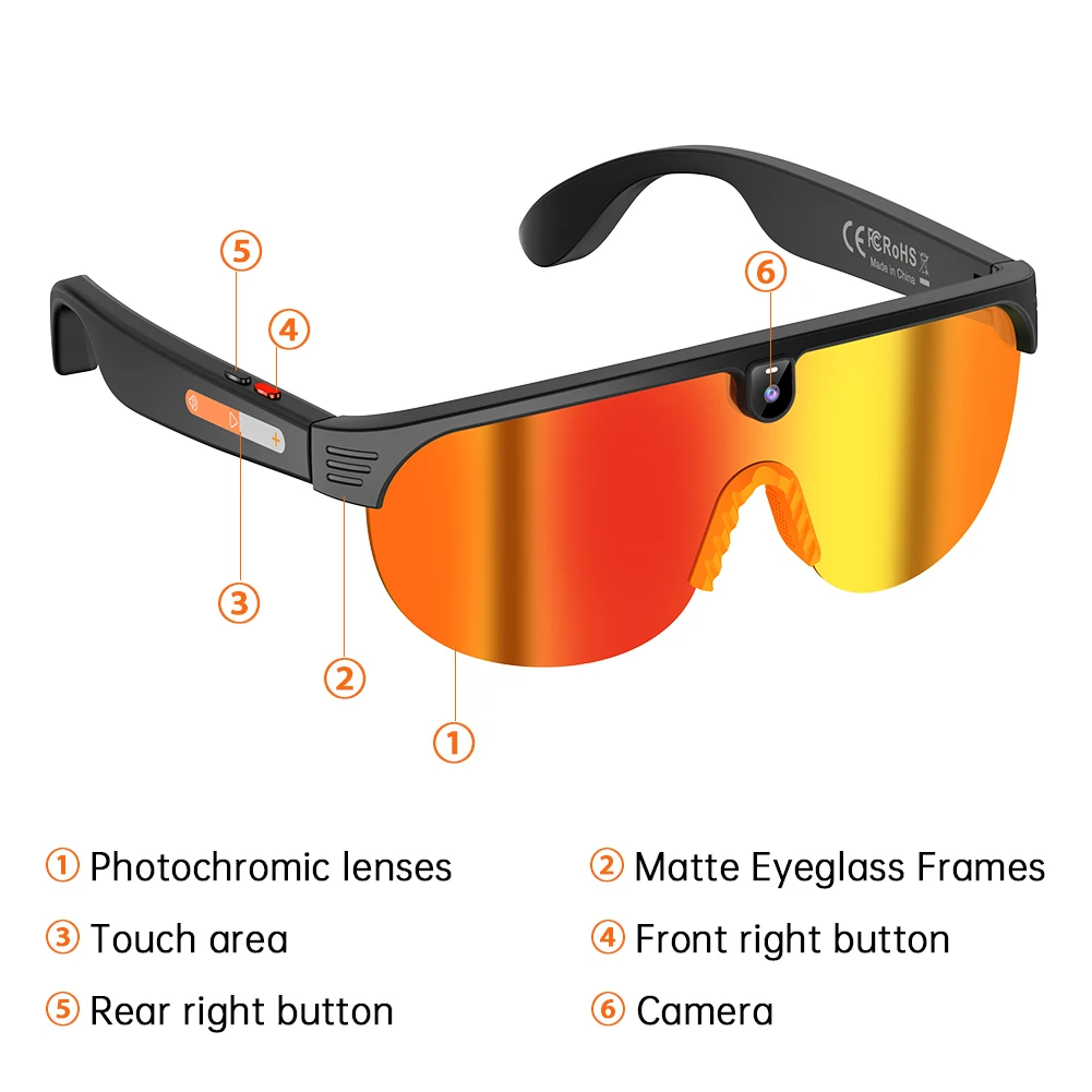 

Smart AI Translation Camera Glasses Plated Lens Bluetooth Music Glasses Dust and UV Proof Outdoor Sports Cycling Goggles-G5