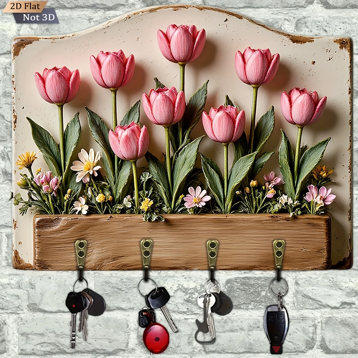 2D Retro Wooden Key Holder Colorful Flower Design Multi-Functional Wall Hanging Decorative Key Storage for Home Bedroom Gifts