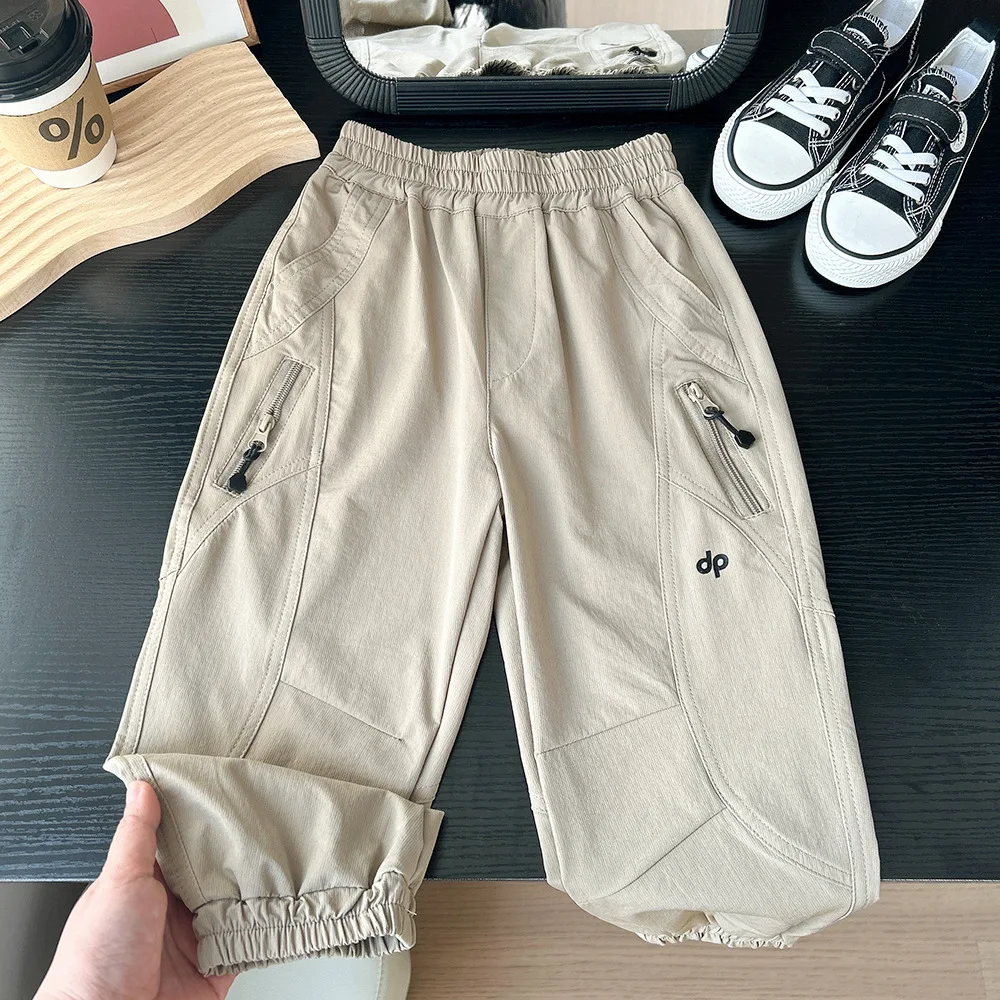 2025 Spring Summer Childrens Boys Elastic Hiking Pants Solid Cotton Loose Toddler Boys Casual Pants Kids Boys Long Pants