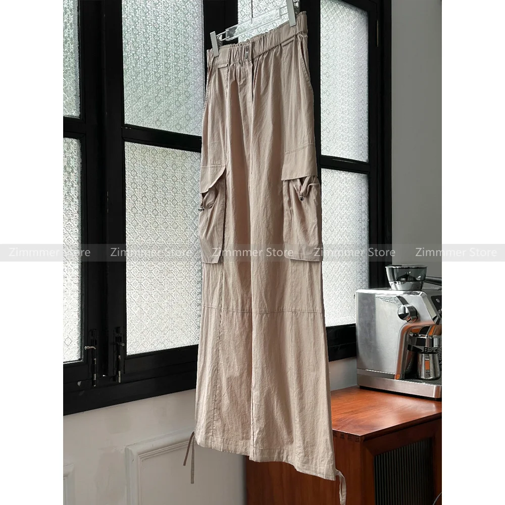 Summer new elastic waist work style loose wide leg pants women's micro wrinkled textured casual drawstring pants