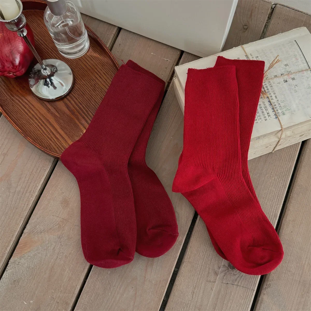 

Knitted Red women Socks Elastic Long Socks Autumn and Winter Cotton Solid Color Retro Middle Tube Socks New Year Christmas Gifts