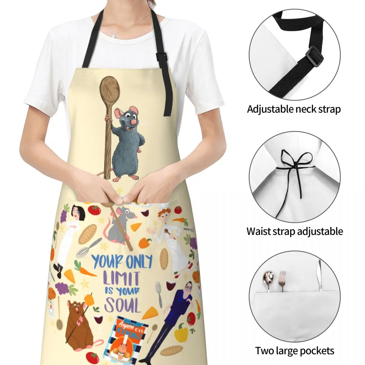 Men Women Chef Gift Apron Cartoon Remy Ratatouille Accessories Baking Aprons Adjustable Tie with 2 Pockets Oil & Water Resistant