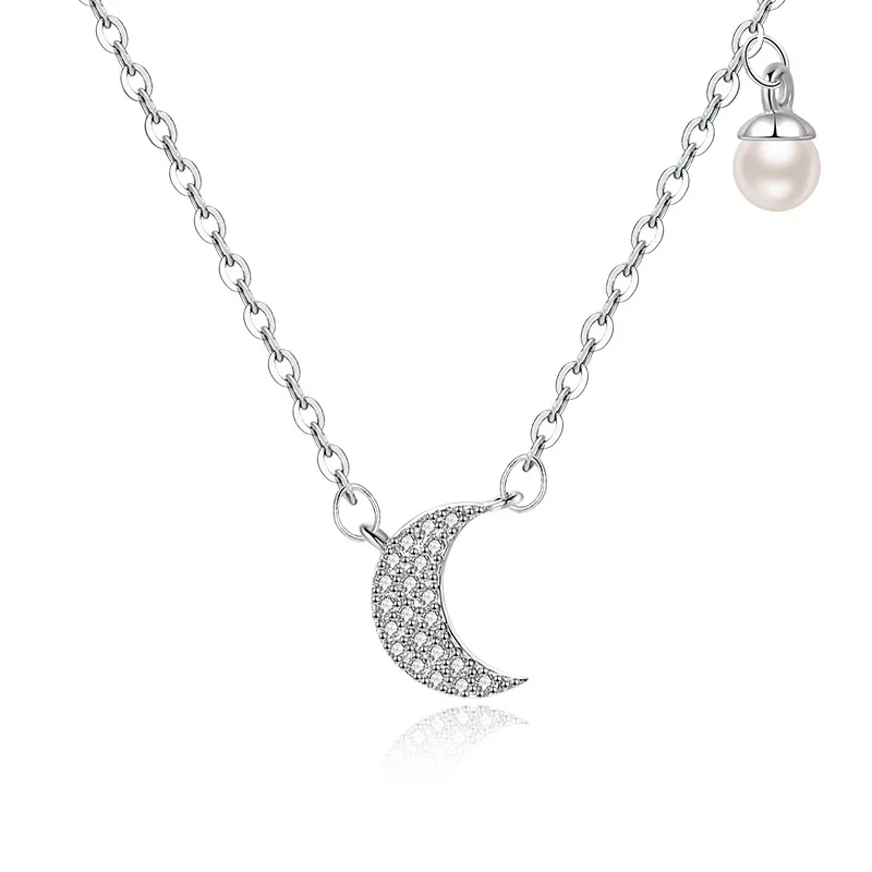 

100% 925 Sterling Silver Pearl Moon Necklace for Women Girl Zircon Cute Fashion Design Jewelry Birthday Gift Dropshipping