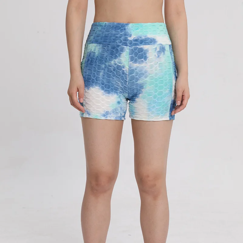 Women's High-Waisted Tie-Dye Bubble Jacquard Yoga Shorts - Butt-Lifting Fitness Workout Shorts with Pockets, Euro-American Style