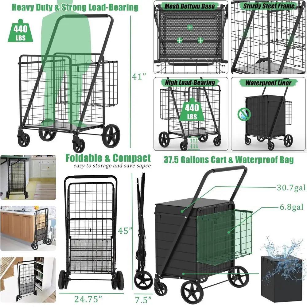 

Sturdy Folding Shopping Cart with 360° Swivel Wheels, Waterproof Bag, Large Capacity for Grocery and Laundry, Supports 440 LBS,