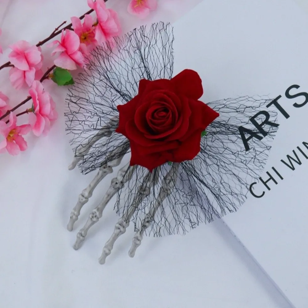 القماش شبح مخلب مشبك شعر زهرة تأثيري العرض الهيكل العظمي اليد روز دبوس الشعر لعبة الهالوين الهيكل العظمي هالوين أغطية الرأس