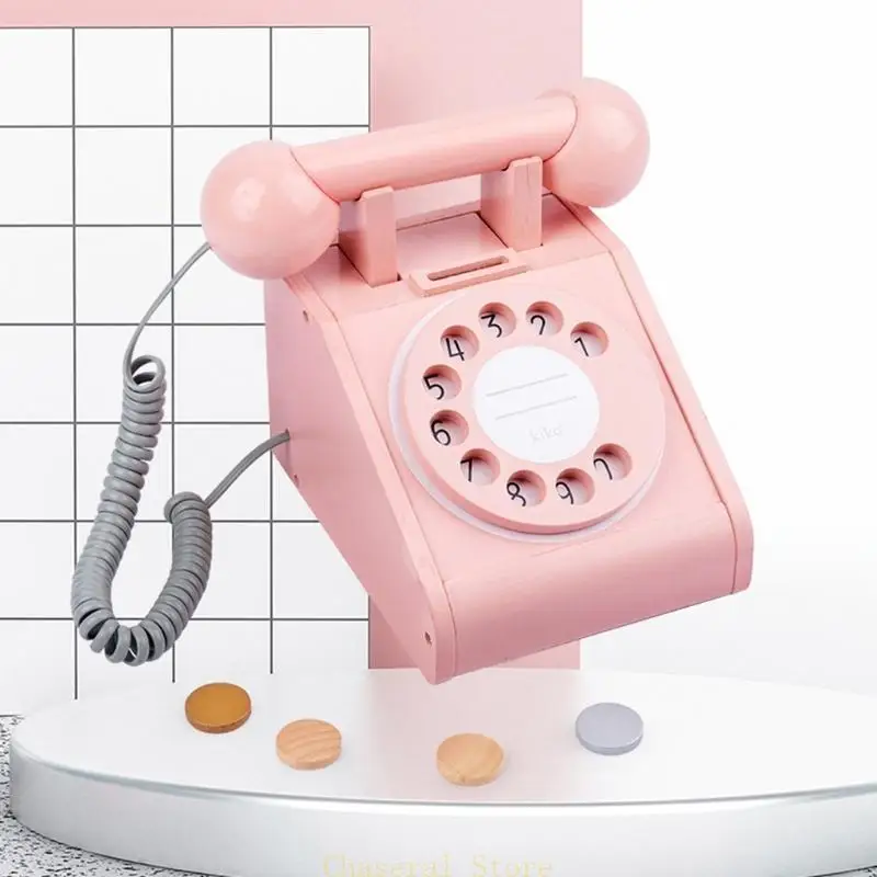 E7CE 1 Set Imitasi Telepon Dial Antik Kayu, Mainan Telepon Dial Antik Interaktif Untuk Anak -Anak untuk Play House