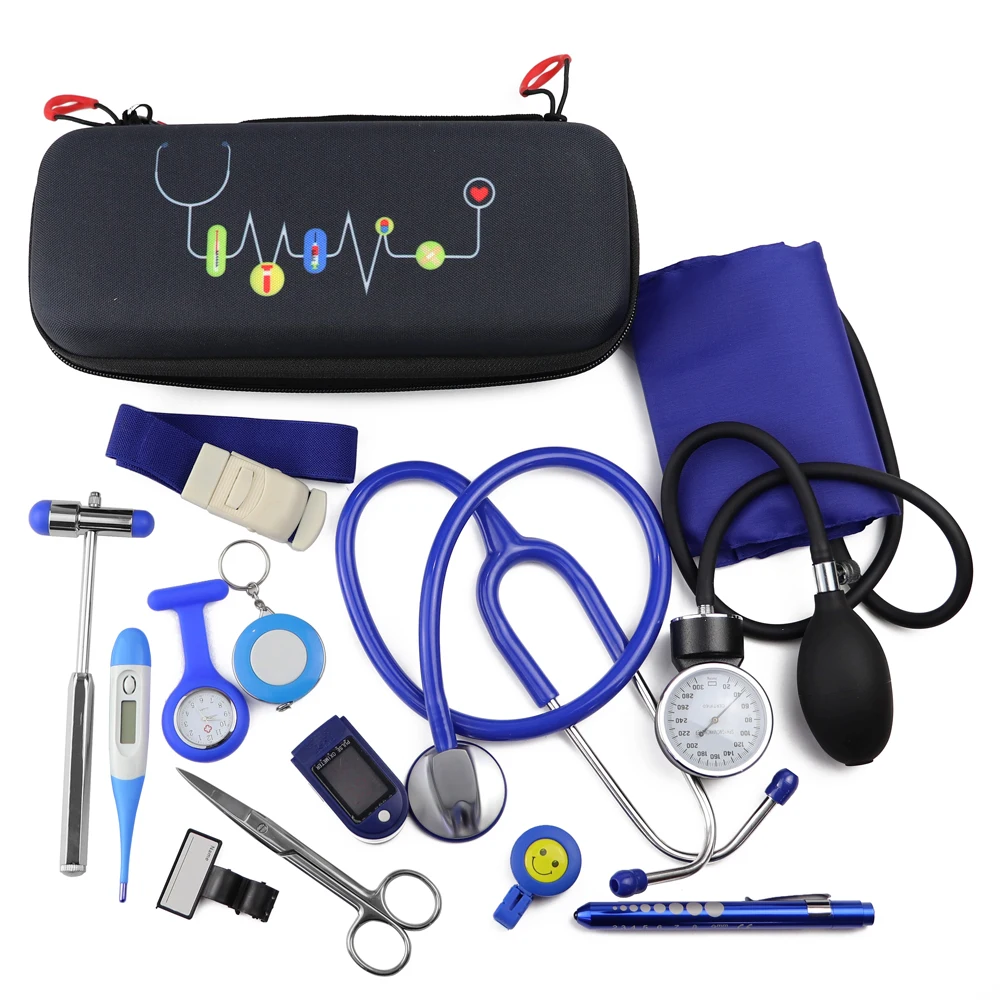 Medical Storage Nurse Starter Kit Health Monitor with Stethoscope BP Manometer Reflex Hammer First Aid Tourniquet Penlight C3