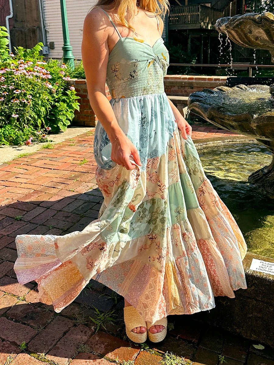 Novo vestido longo boho feminino estampa floral sem mangas alça espaguete em camadas vestido de praia verão vestido fluido s m l