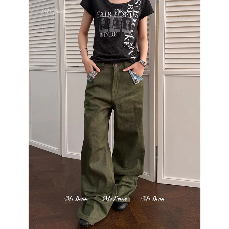 ZHIZOU Women Gothic Y2k Army Green Cargo Jeans Vintage 2000s High Street Grunge American Style Baggy Design Wide Leg Denim Pants