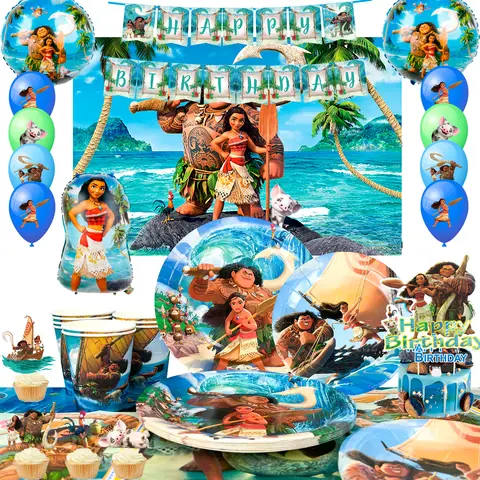 Moana Birthday Party Supplies,85pcs Decorations and Tableware Set-Moana Plates and Napkins Cups Table Cloth Banner Backdrop etc